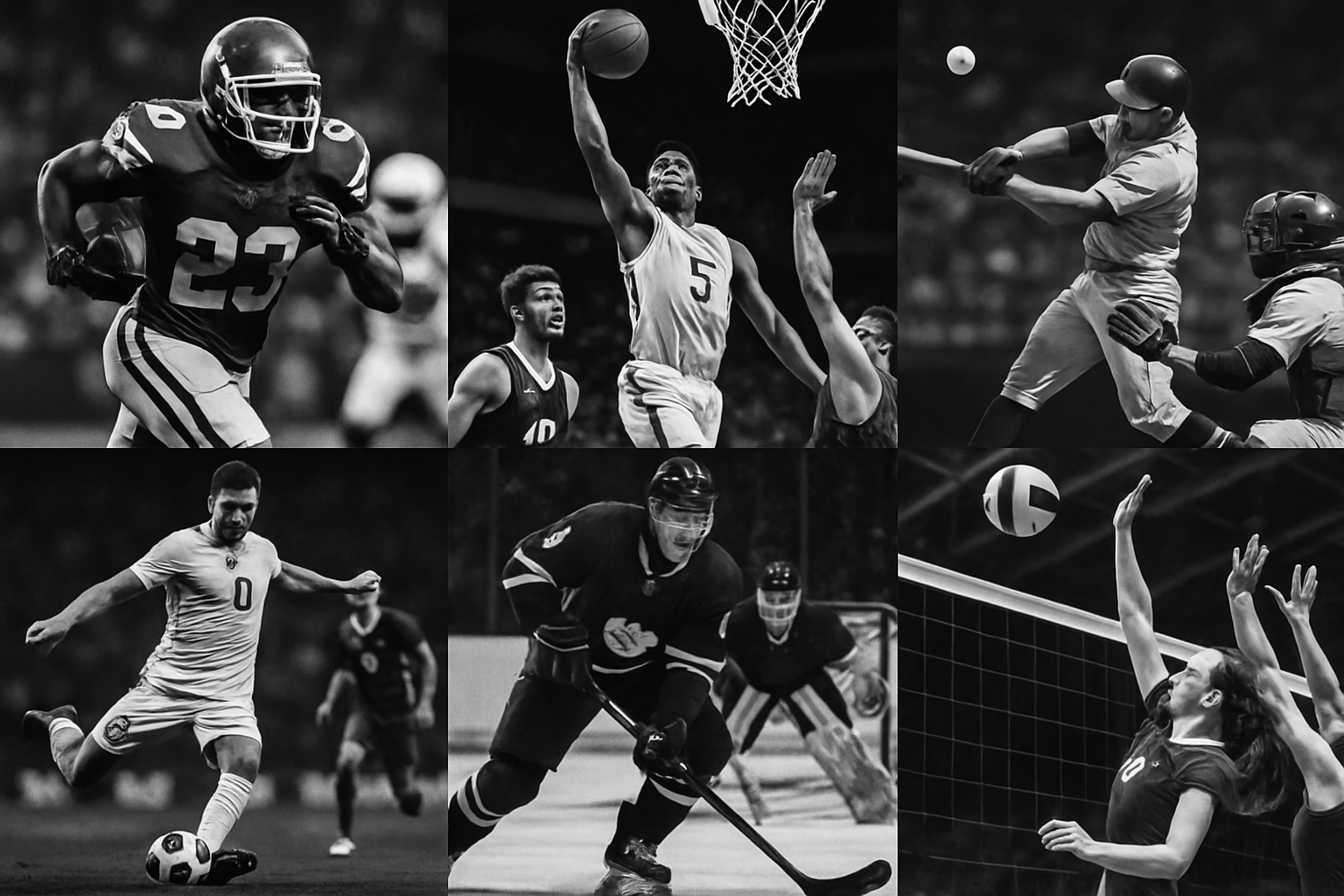 all team sports collage representing the main sports in black and white with where nothing is distorted