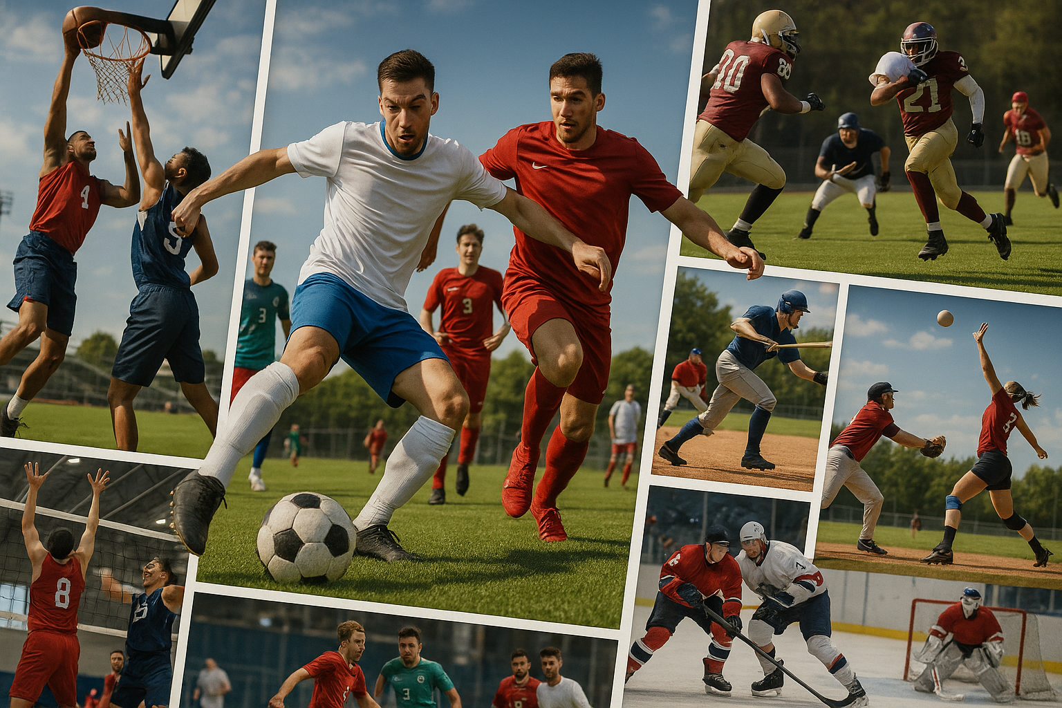 all team sports collage with enphasis in soccer and looking authentic (no ai generated)